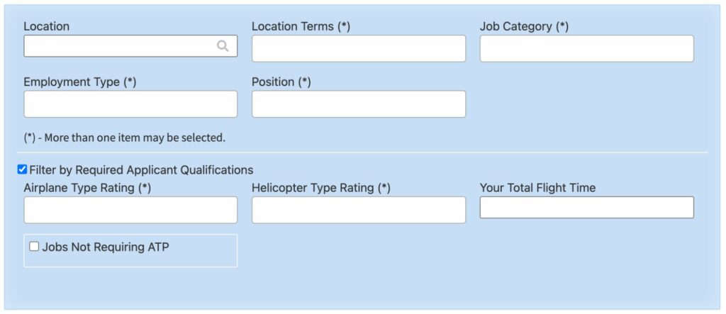 Pilot Job Central job search filtering panel