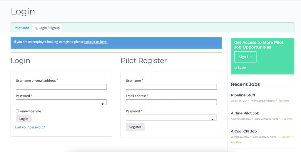 Pilot Job Central Registration and Login Screen